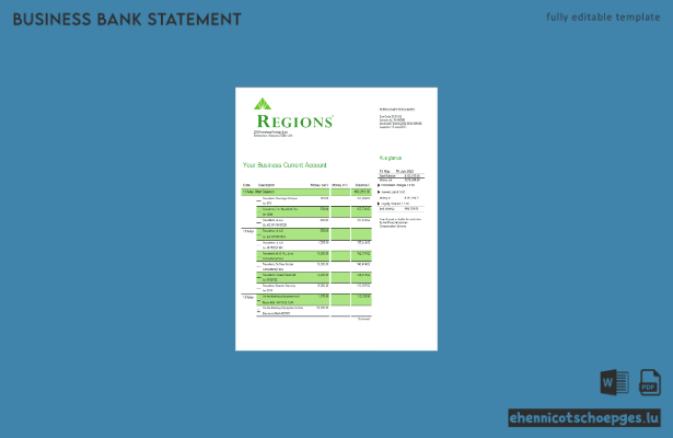 Regions Financial Corporation Firmenkontoauszug (Word- und PDF-Beispiel)